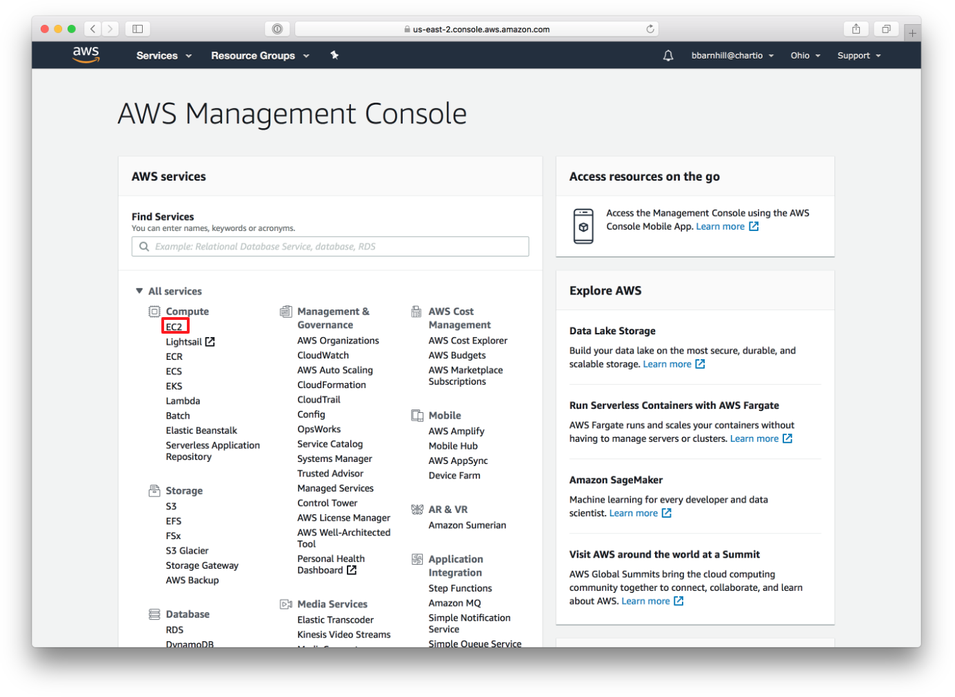 Location on AWS of the "EC2" Button